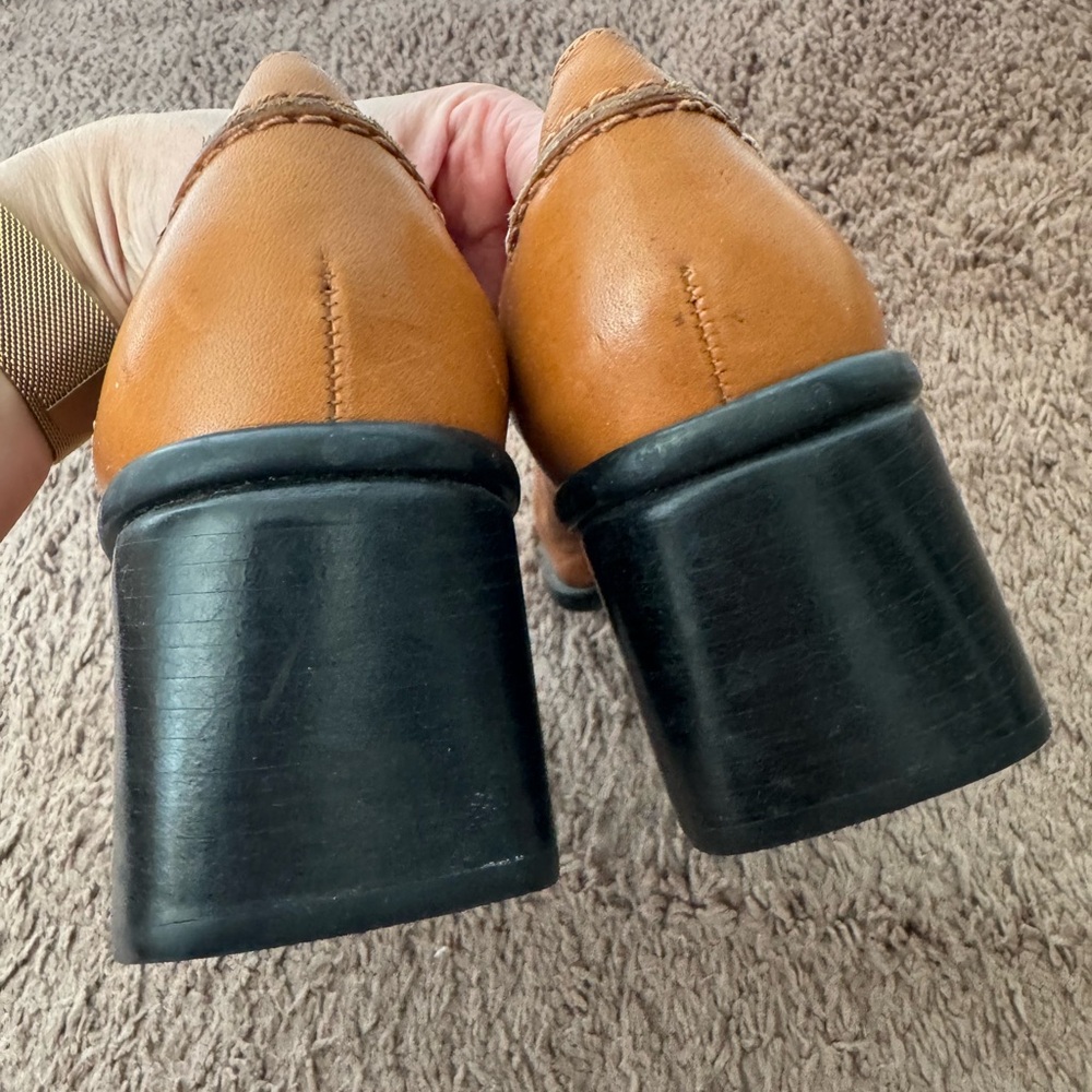 Nicole Brown Tan Pumps Retro Vintage Block Heel Loafer Leather 9 - Picture 6 of 9
